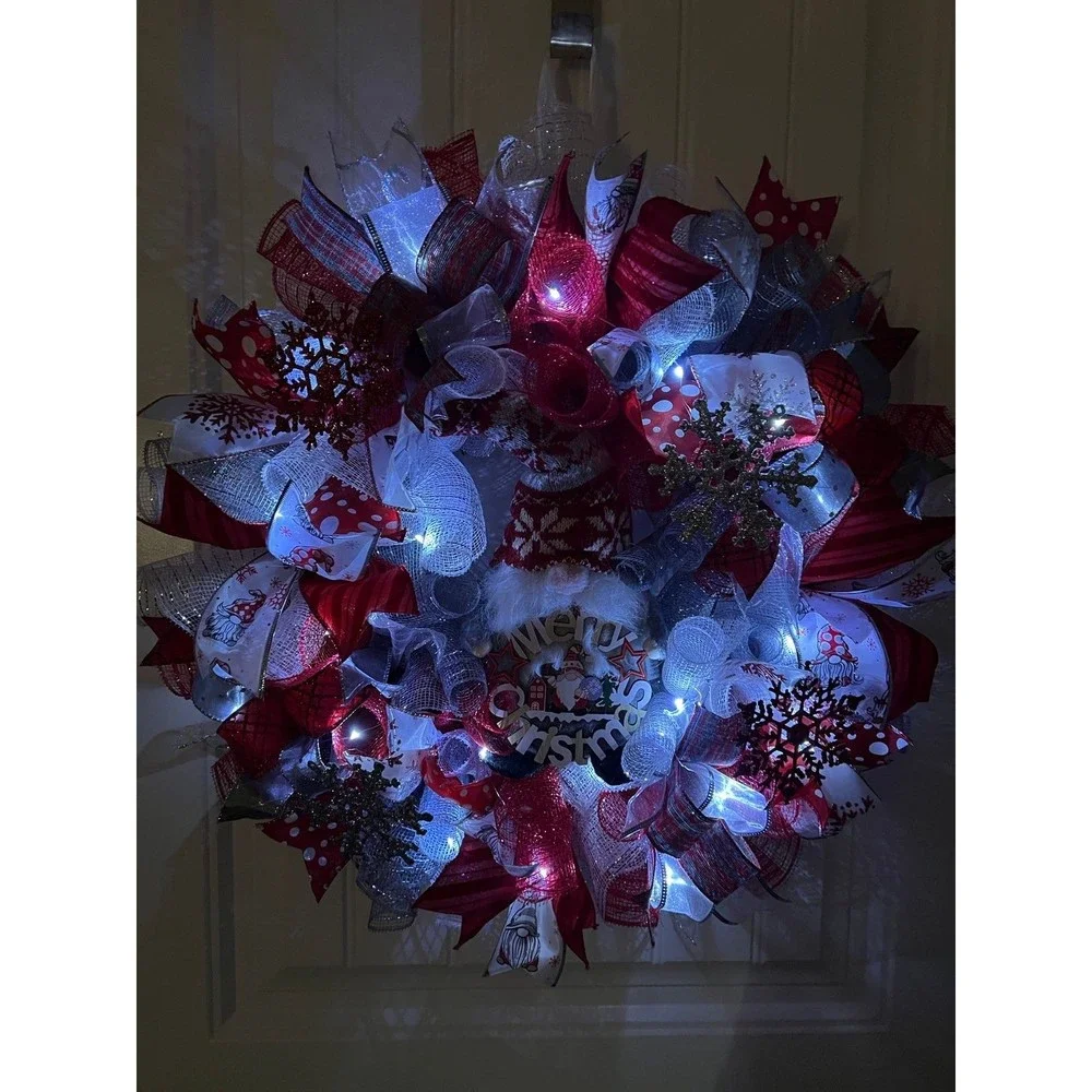 Handmade Christmas Gnome Holiday Ribbon Door Wreath 22 ins LED W39